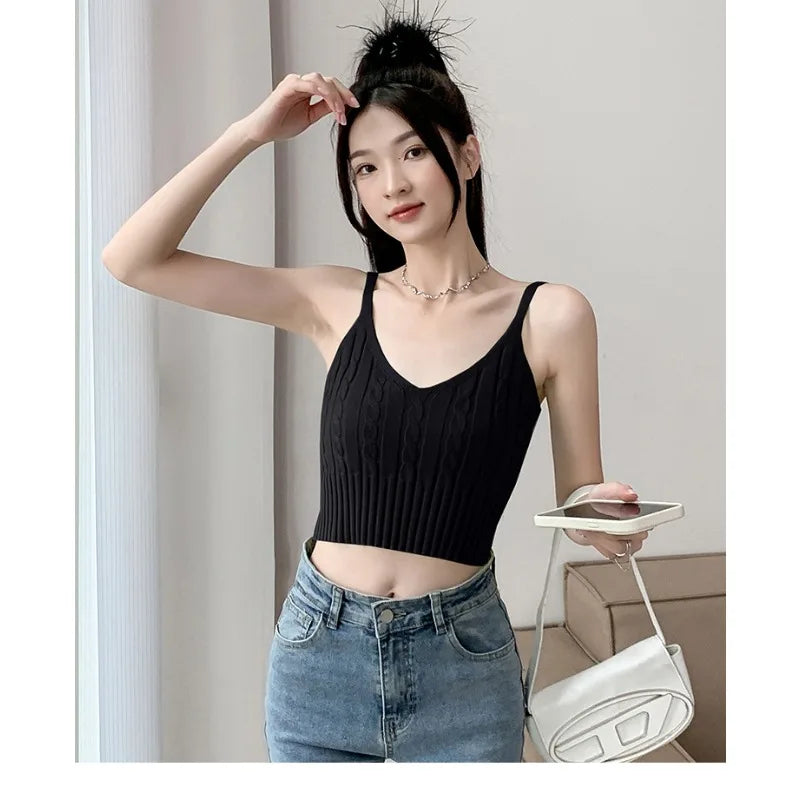 Cable Knit Ribbed Knitted Vest, Sexy Solid V Neck Backless Spaghetti Strap Sweater Vest for Spring & Summer, Women's Clothing