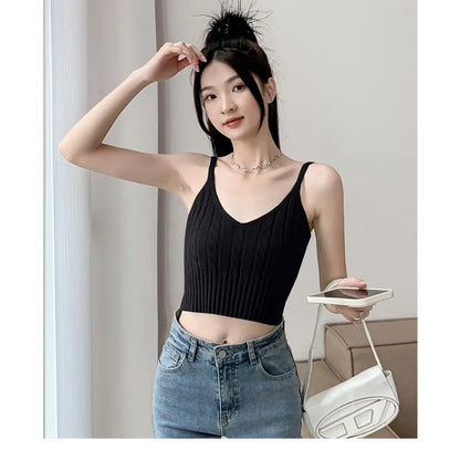Cable Knit Ribbed Knitted Vest, Sexy Solid V Neck Backless Spaghetti Strap Sweater Vest for Spring & Summer, Women's Clothing