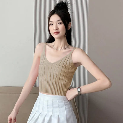 Cable Knit Ribbed Knitted Vest, Sexy Solid V Neck Backless Spaghetti Strap Sweater Vest for Spring & Summer, Women's Clothing