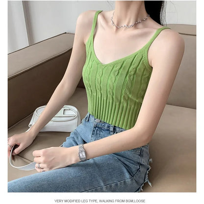 Cable Knit Ribbed Knitted Vest, Sexy Solid V Neck Backless Spaghetti Strap Sweater Vest for Spring & Summer, Women's Clothing