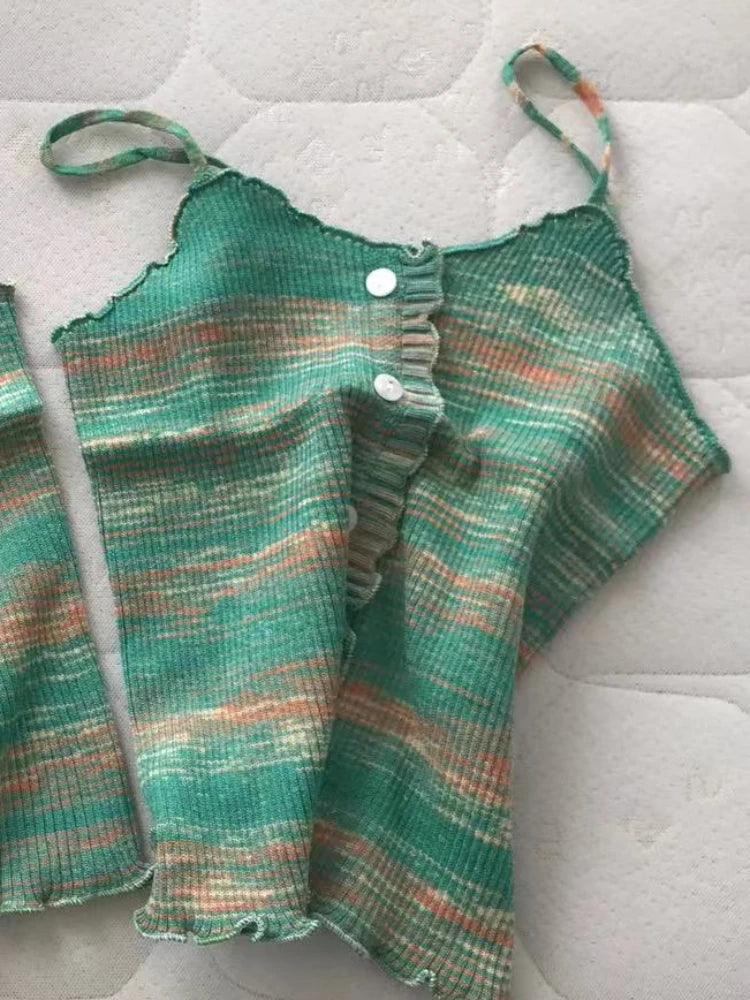2024 New Stripe Print Spaghetti Strap Top Casual Ruffle Trim Button Front Knit Cami Top For Summer Women's Clothing