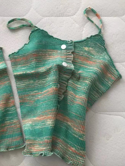 2024 New Stripe Print Spaghetti Strap Top Casual Ruffle Trim Button Front Knit Cami Top For Summer Women's Clothing