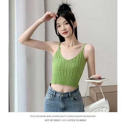 Cable Knit Ribbed Knitted Vest, Sexy Solid V Neck Backless Spaghetti Strap Sweater Vest for Spring & Summer, Women's Clothing