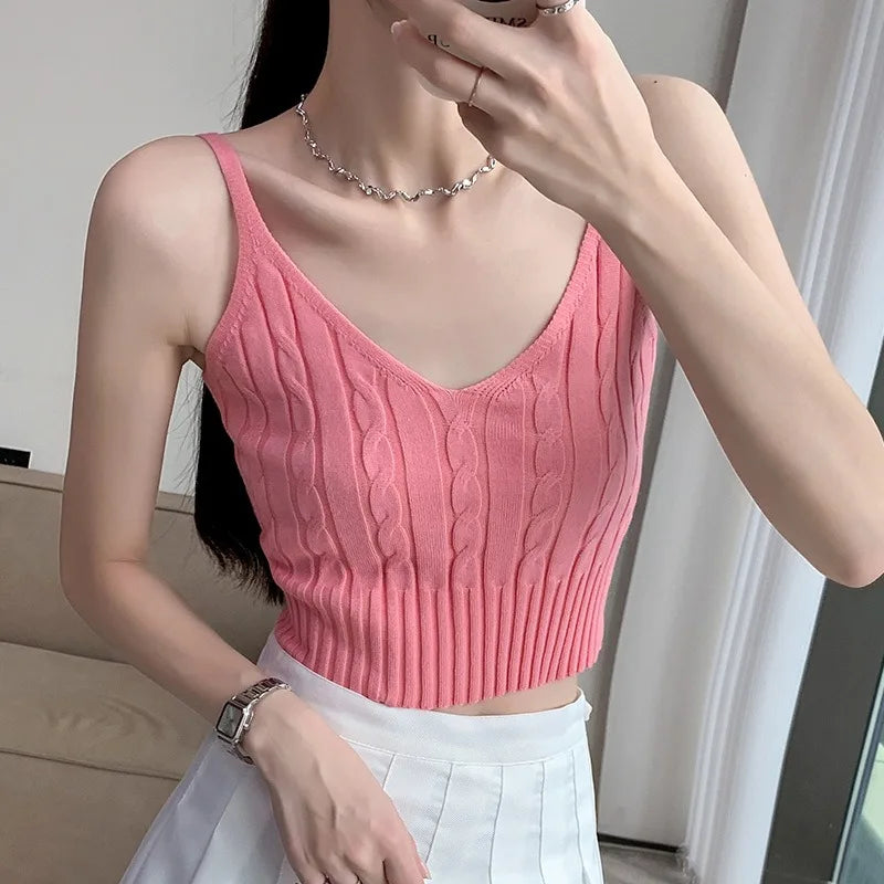 Cable Knit Ribbed Knitted Vest, Sexy Solid V Neck Backless Spaghetti Strap Sweater Vest for Spring & Summer, Women's Clothing