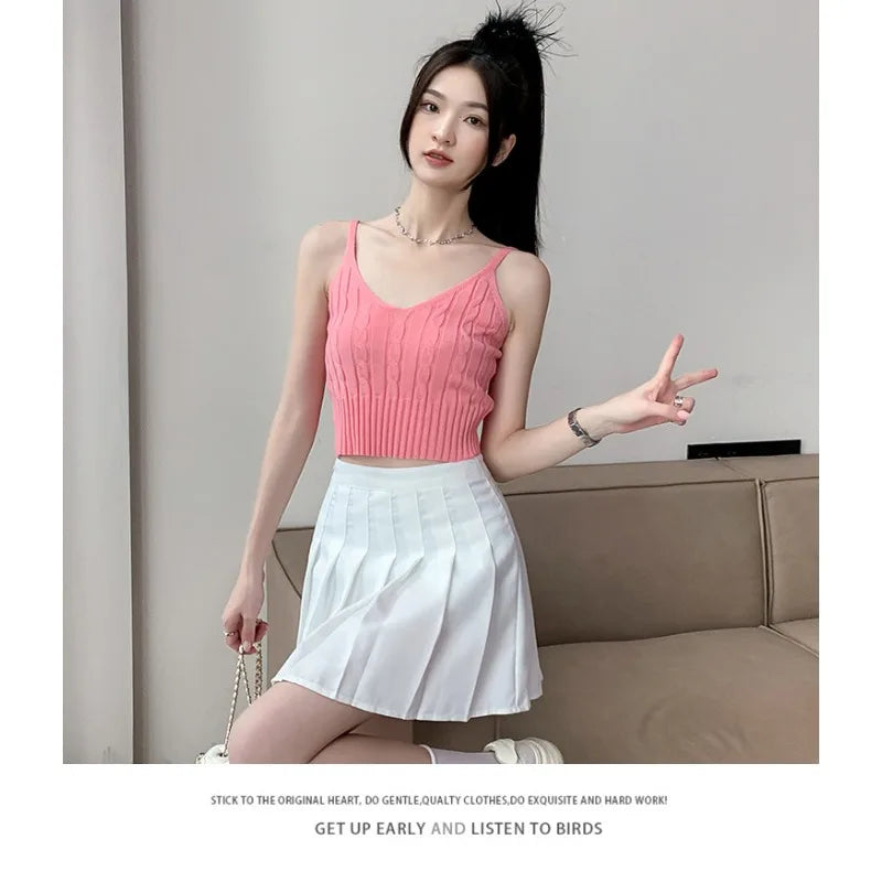 Cable Knit Ribbed Knitted Vest, Sexy Solid V Neck Backless Spaghetti Strap Sweater Vest for Spring & Summer, Women's Clothing