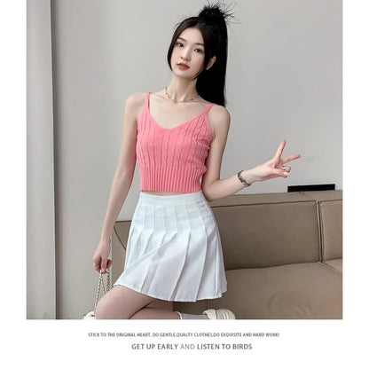 Cable Knit Ribbed Knitted Vest, Sexy Solid V Neck Backless Spaghetti Strap Sweater Vest for Spring & Summer, Women's Clothing