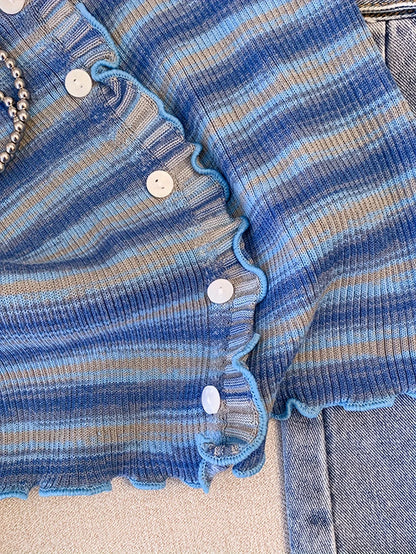 2024 New Stripe Print Spaghetti Strap Top Casual Ruffle Trim Button Front Knit Cami Top For Summer Women's Clothing