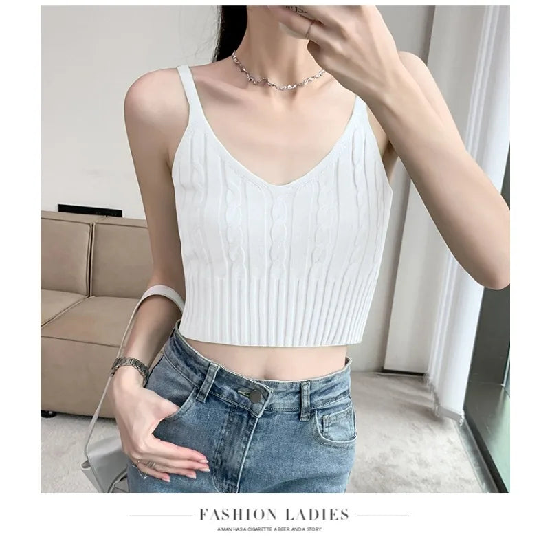 Cable Knit Ribbed Knitted Vest, Sexy Solid V Neck Backless Spaghetti Strap Sweater Vest for Spring & Summer, Women's Clothing