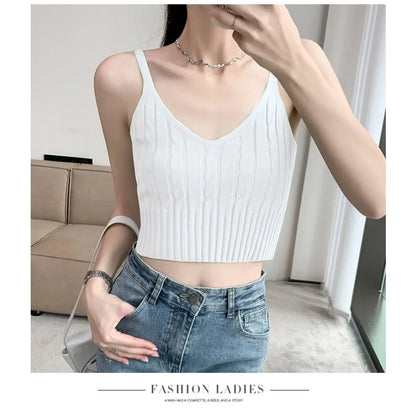 Cable Knit Ribbed Knitted Vest, Sexy Solid V Neck Backless Spaghetti Strap Sweater Vest for Spring & Summer, Women's Clothing