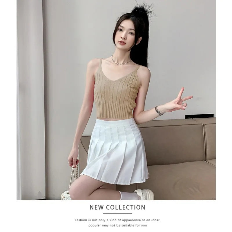 Cable Knit Ribbed Knitted Vest, Sexy Solid V Neck Backless Spaghetti Strap Sweater Vest for Spring & Summer, Women's Clothing