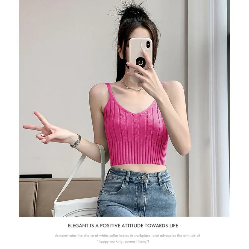 Cable Knit Ribbed Knitted Vest, Sexy Solid V Neck Backless Spaghetti Strap Sweater Vest for Spring & Summer, Women's Clothing