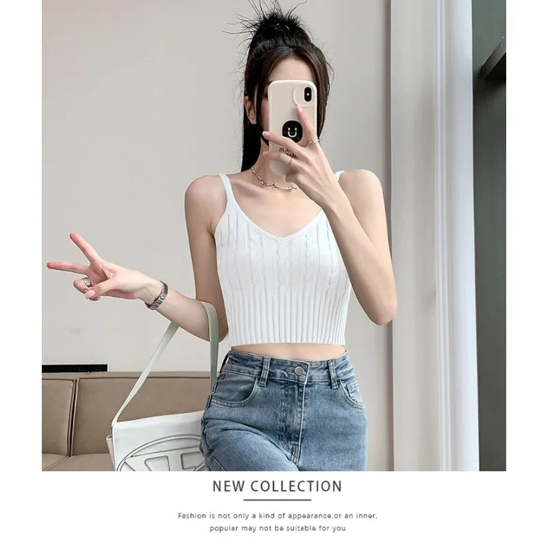 Cable Knit Ribbed Knitted Vest, Sexy Solid V Neck Backless Spaghetti Strap Sweater Vest for Spring & Summer, Women's Clothing
