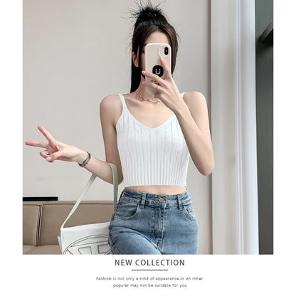 Cable Knit Ribbed Knitted Vest, Sexy Solid V Neck Backless Spaghetti Strap Sweater Vest for Spring & Summer, Women's Clothing