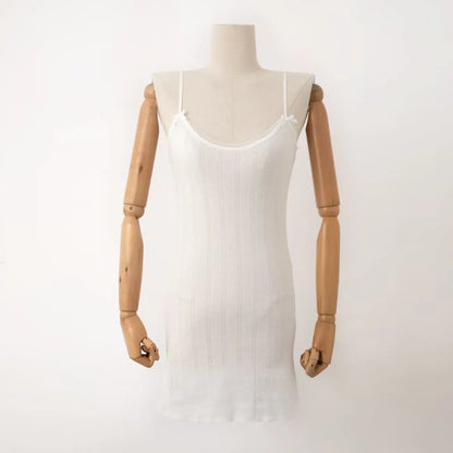 Spaghetti Strap Knit Mini Dress with Wave Hem - Summer Boho Slim Fit Ribbed Textured Dress in Black & White