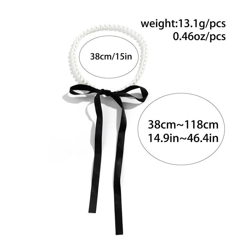 Wedding Party White Imitation Pearl Choker Necklace Fashion Bow Tie Long Ribbon Necklace Personality Simple Jewelry