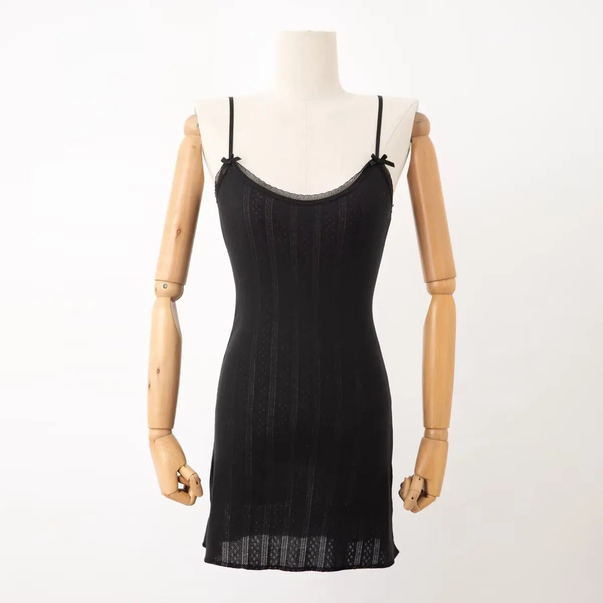 Spaghetti Strap Knit Mini Dress with Wave Hem - Summer Boho Slim Fit Ribbed Textured Dress in Black & White