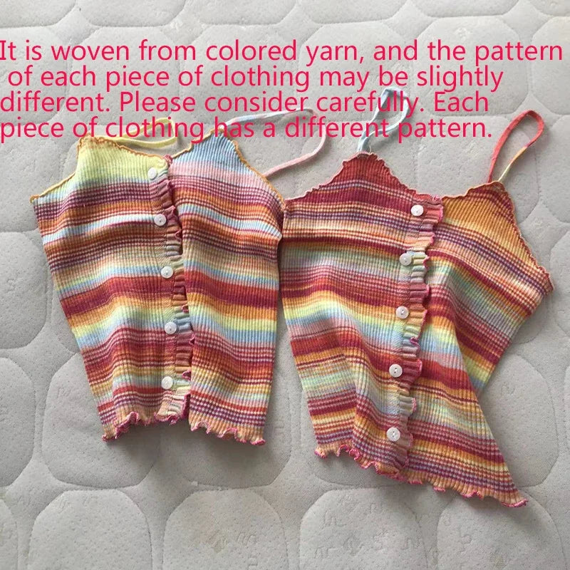 2024 New Stripe Print Spaghetti Strap Top Casual Ruffle Trim Button Front Knit Cami Top For Summer Women's Clothing