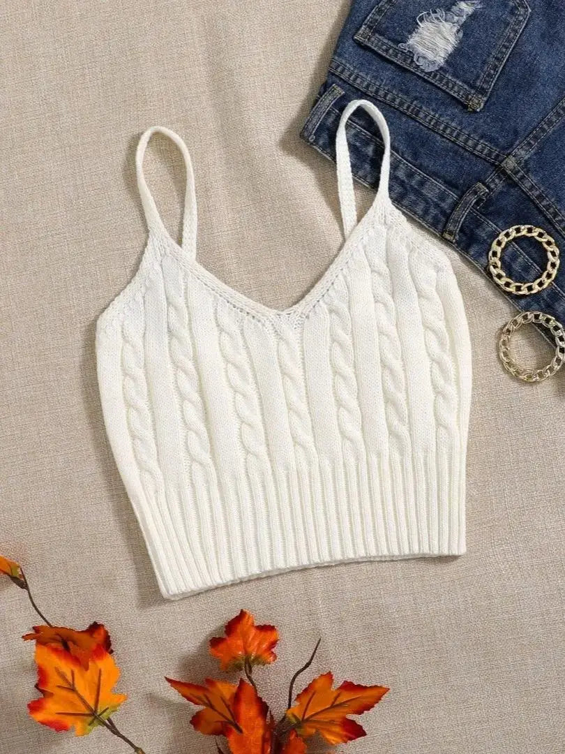 Cable Knit Ribbed Knitted Vest, Sexy Solid V Neck Backless Spaghetti Strap Sweater Vest For Spring & Summer, Women's Clothing