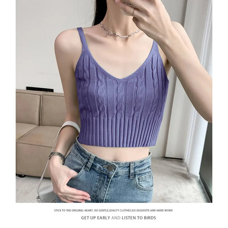 Cable Knit Ribbed Knitted Vest, Sexy Solid V Neck Backless Spaghetti Strap Sweater Vest for Spring & Summer, Women's Clothing