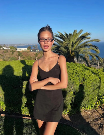 Spaghetti Strap Knit Mini Dress with Wave Hem - Summer Boho Slim Fit Ribbed Textured Dress in Black & White