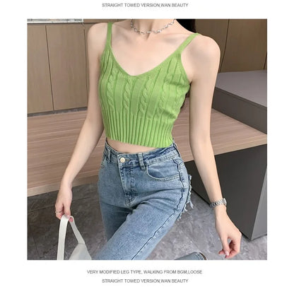 Cable Knit Ribbed Knitted Vest, Sexy Solid V Neck Backless Spaghetti Strap Sweater Vest for Spring & Summer, Women's Clothing