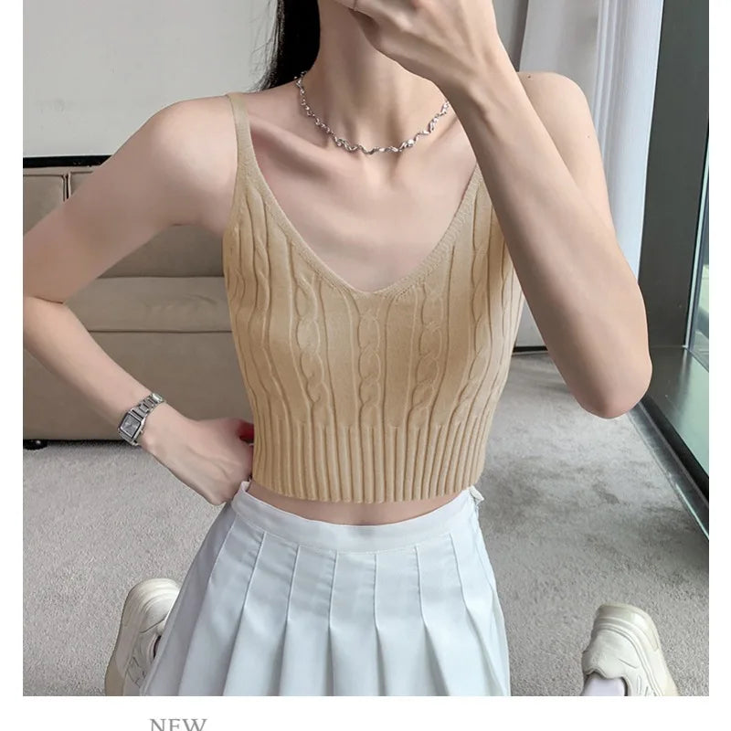 Cable Knit Ribbed Knitted Vest, Sexy Solid V Neck Backless Spaghetti Strap Sweater Vest for Spring & Summer, Women's Clothing
