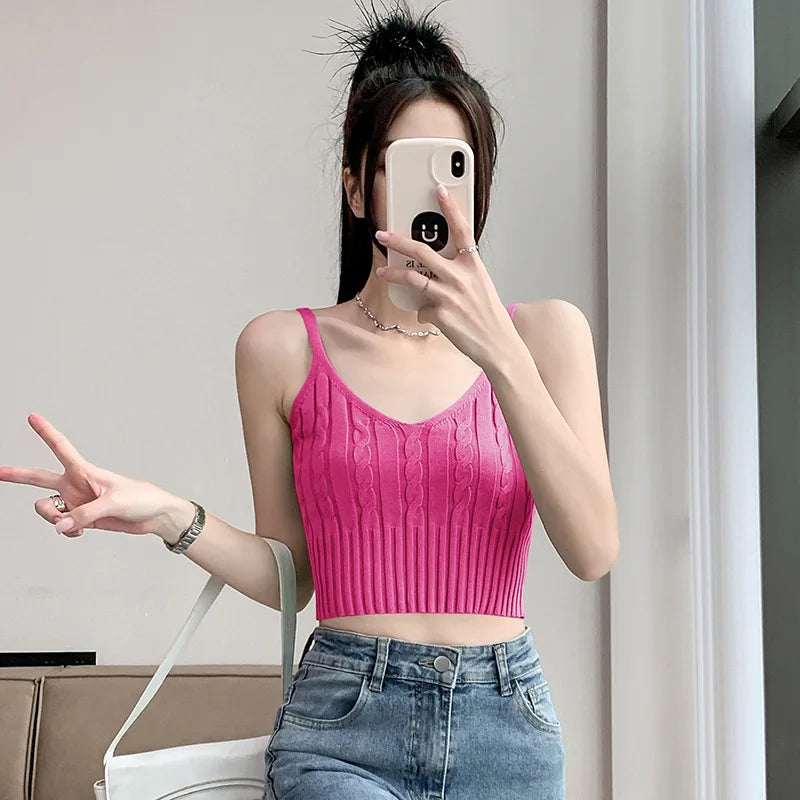 Cable Knit Ribbed Knitted Vest, Sexy Solid V Neck Backless Spaghetti Strap Sweater Vest for Spring & Summer, Women's Clothing