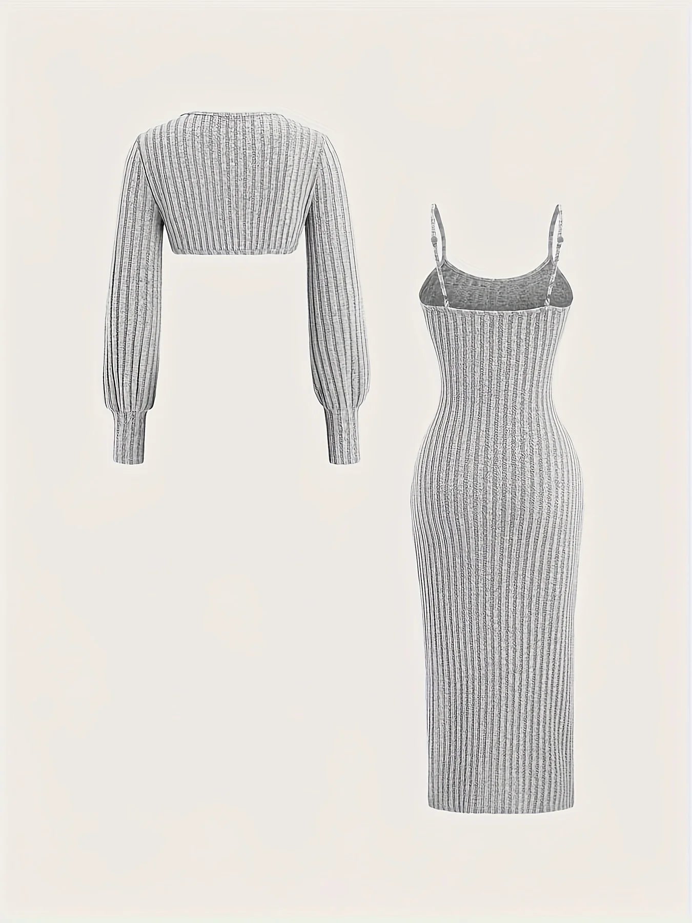 Women's Ribbed Knit Two Piece Set: Long Sleeve Crop Top + Spaghetti Strap Midi Dress with Side Slit (Gray)