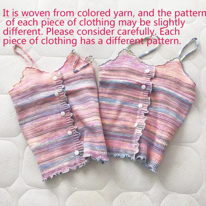 2024 New Stripe Print Spaghetti Strap Top Casual Ruffle Trim Button Front Knit Cami Top For Summer Women's Clothing