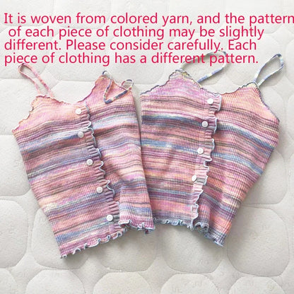 2024 New Stripe Print Spaghetti Strap Top Casual Ruffle Trim Button Front Knit Cami Top For Summer Women's Clothing