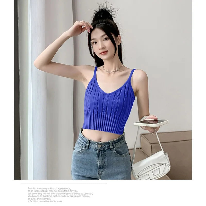 Cable Knit Ribbed Knitted Vest, Sexy Solid V Neck Backless Spaghetti Strap Sweater Vest for Spring & Summer, Women's Clothing