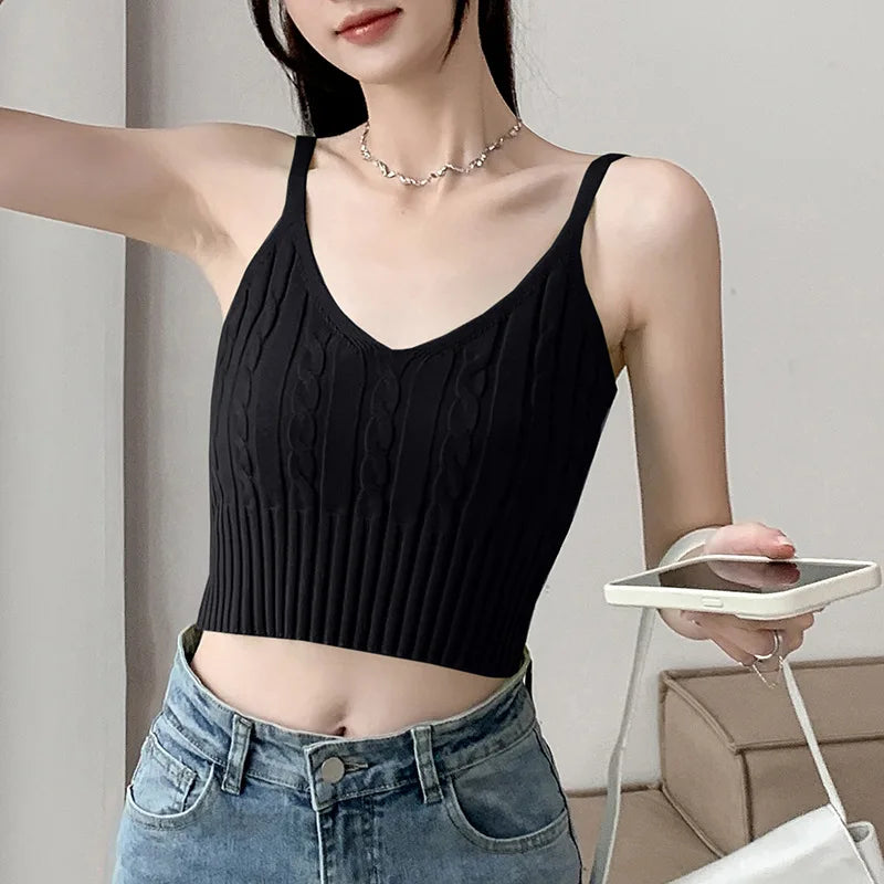 Cable Knit Ribbed Knitted Vest, Sexy Solid V Neck Backless Spaghetti Strap Sweater Vest for Spring & Summer, Women's Clothing