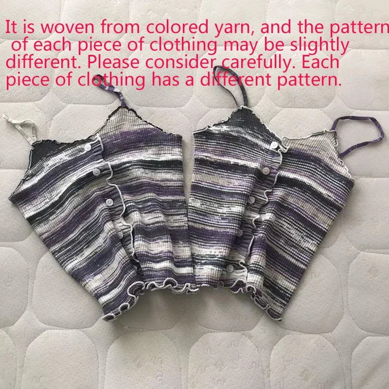 2024 New Stripe Print Spaghetti Strap Top Casual Ruffle Trim Button Front Knit Cami Top For Summer Women's Clothing