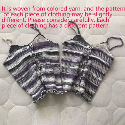 2024 New Stripe Print Spaghetti Strap Top Casual Ruffle Trim Button Front Knit Cami Top For Summer Women's Clothing