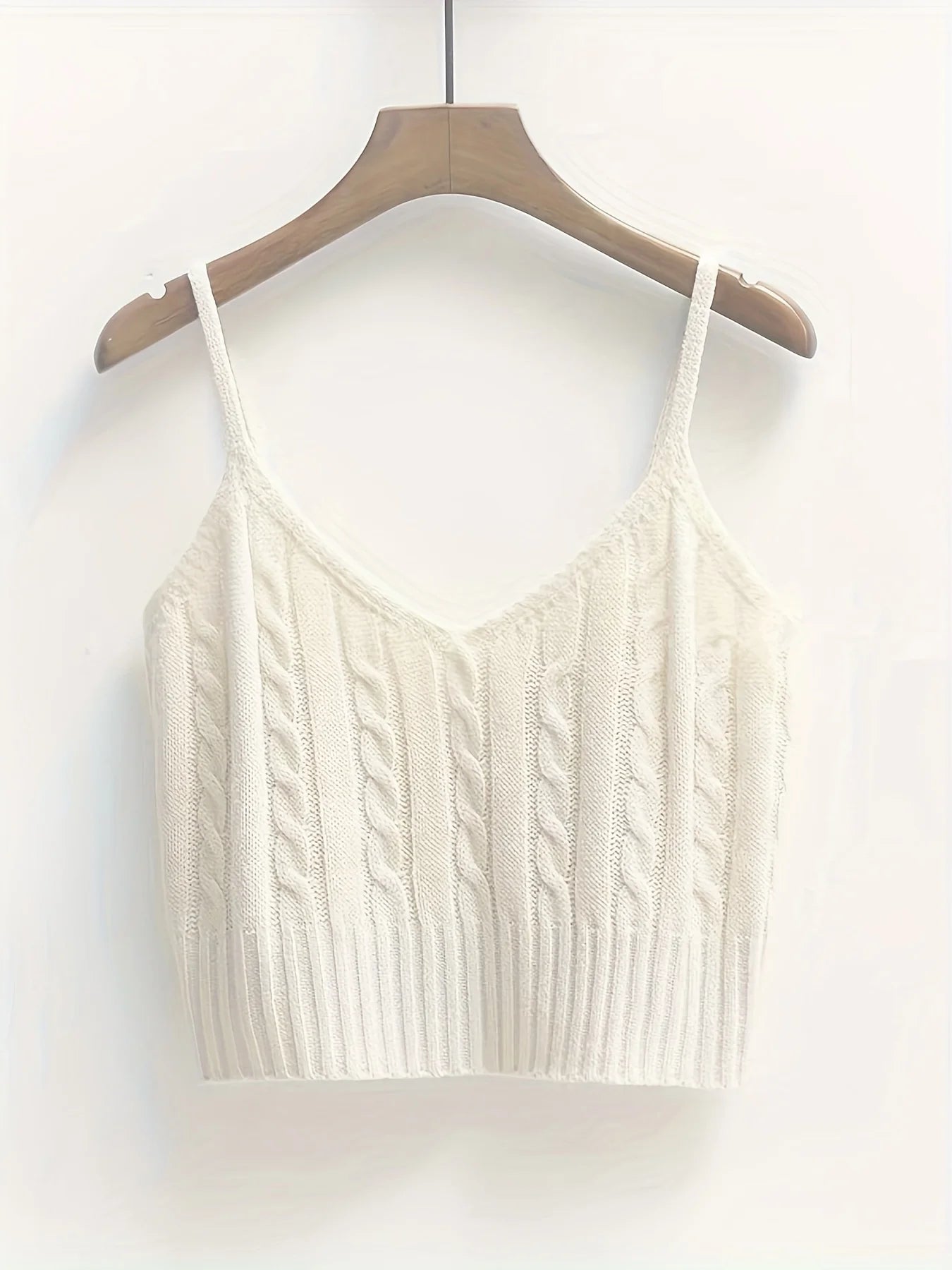 Cable Knit Ribbed Knitted Vest, Sexy Solid V Neck Backless Spaghetti Strap Sweater Vest For Spring & Summer, Women's Clothing