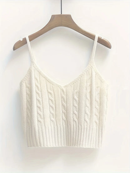 Cable Knit Ribbed Knitted Vest, Sexy Solid V Neck Backless Spaghetti Strap Sweater Vest For Spring & Summer, Women's Clothing