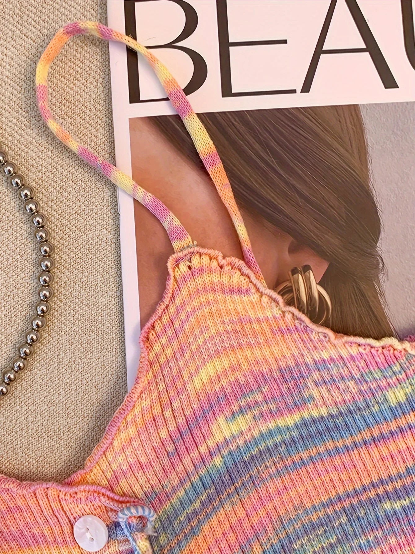 2024 New Stripe Print Spaghetti Strap Top Casual Ruffle Trim Button Front Knit Cami Top For Summer Women's Clothing