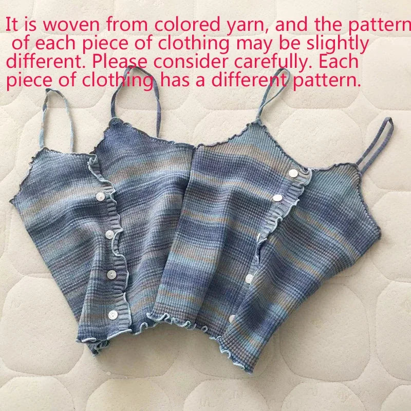 2024 New Stripe Print Spaghetti Strap Top Casual Ruffle Trim Button Front Knit Cami Top For Summer Women's Clothing