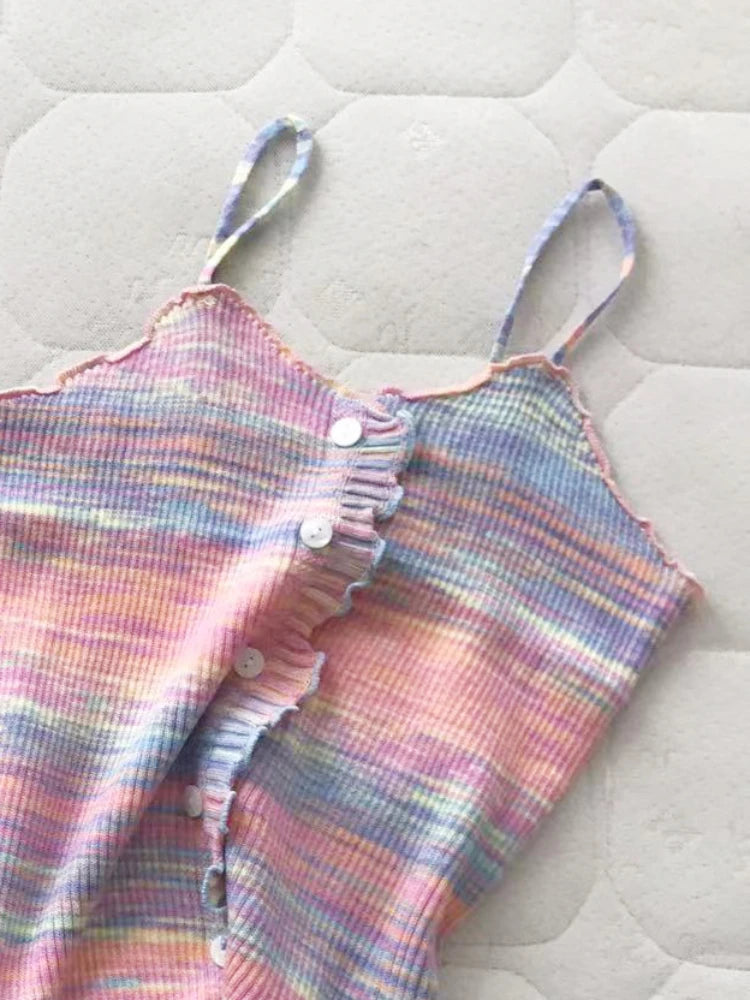 2024 New Stripe Print Spaghetti Strap Top Casual Ruffle Trim Button Front Knit Cami Top For Summer Women's Clothing