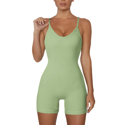 Women’s Ribbed Spaghetti Strap Romper Solid Color Slim Fit Stretchy Yoga Jumpsuit for Summer Workout