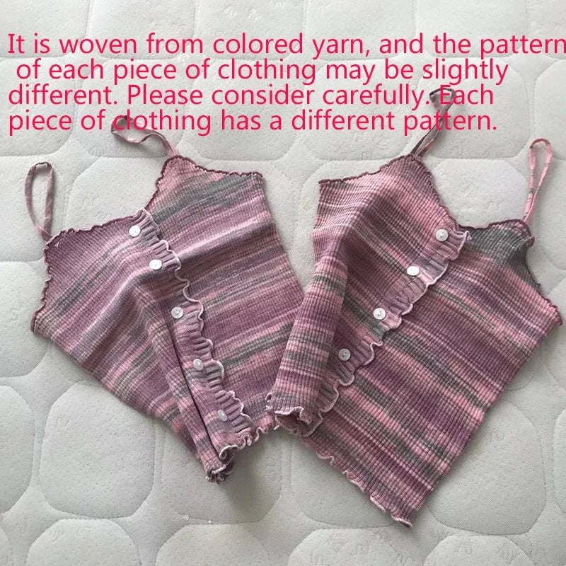 2024 New Stripe Print Spaghetti Strap Top Casual Ruffle Trim Button Front Knit Cami Top For Summer Women's Clothing