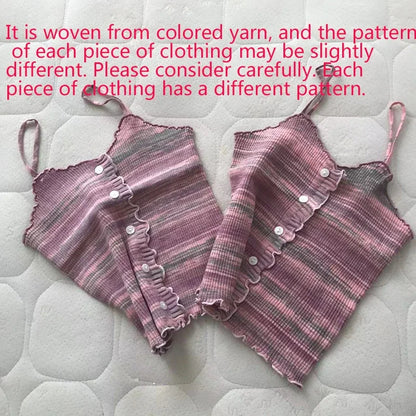 2024 New Stripe Print Spaghetti Strap Top Casual Ruffle Trim Button Front Knit Cami Top For Summer Women's Clothing