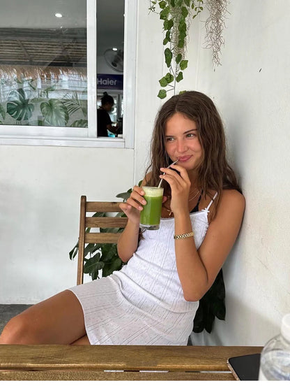 Spaghetti Strap Knit Mini Dress with Wave Hem - Summer Boho Slim Fit Ribbed Textured Dress in Black & White