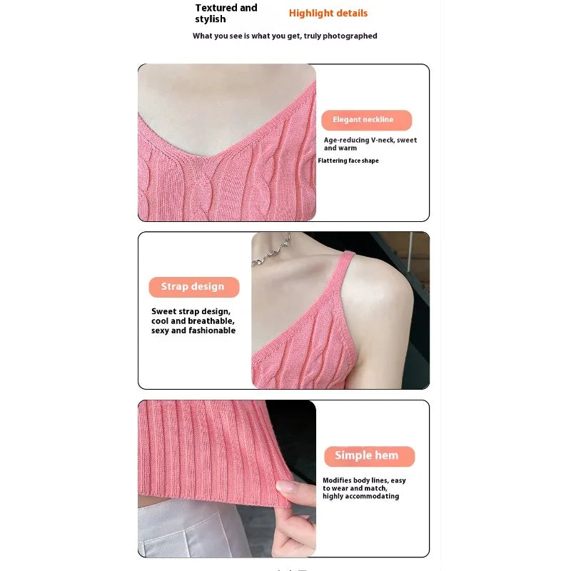 Cable Knit Ribbed Knitted Vest, Sexy Solid V Neck Backless Spaghetti Strap Sweater Vest for Spring & Summer, Women's Clothing