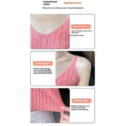 Cable Knit Ribbed Knitted Vest, Sexy Solid V Neck Backless Spaghetti Strap Sweater Vest for Spring & Summer, Women's Clothing