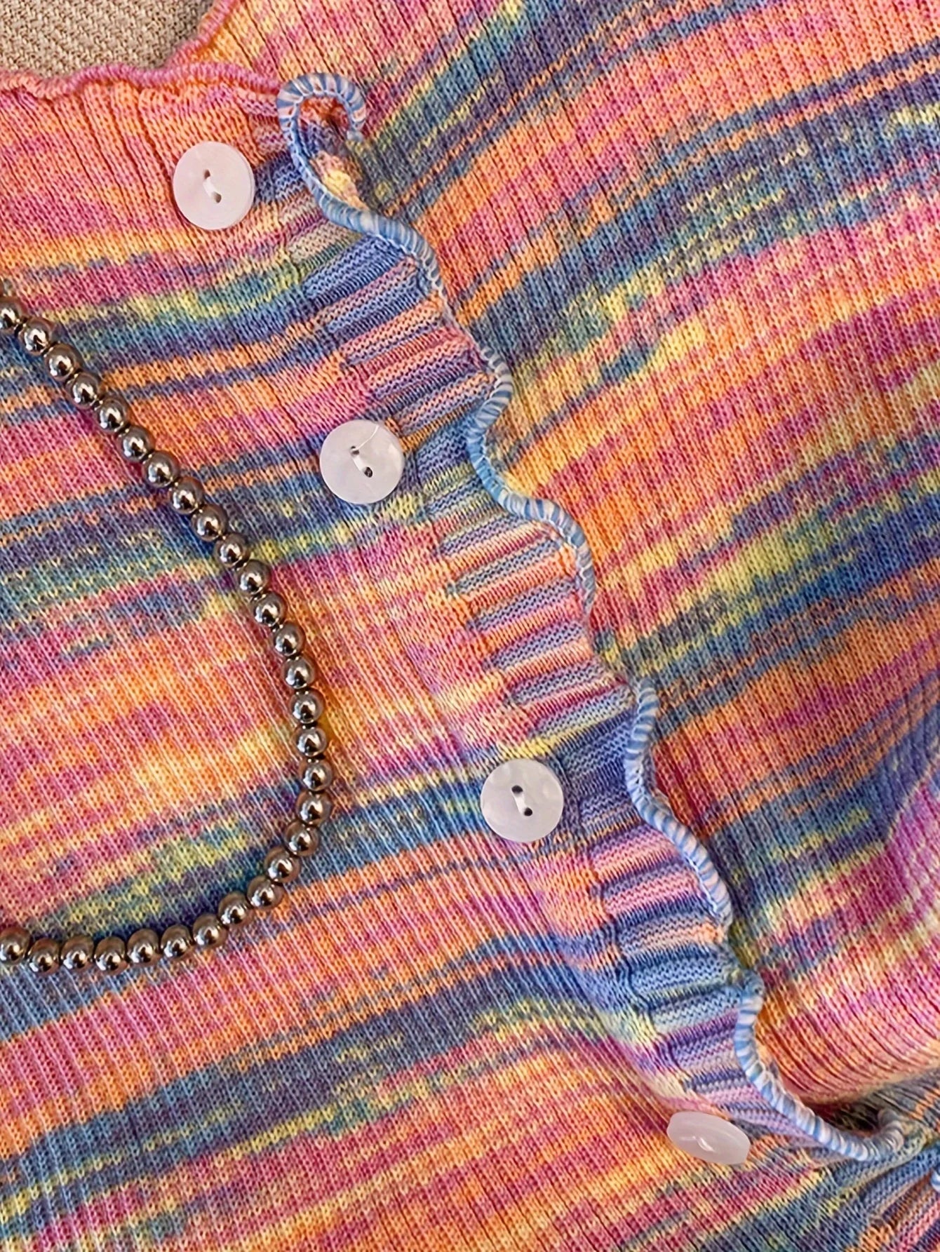 2024 New Stripe Print Spaghetti Strap Top Casual Ruffle Trim Button Front Knit Cami Top For Summer Women's Clothing