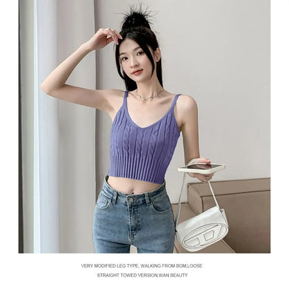 Cable Knit Ribbed Knitted Vest, Sexy Solid V Neck Backless Spaghetti Strap Sweater Vest for Spring & Summer, Women's Clothing