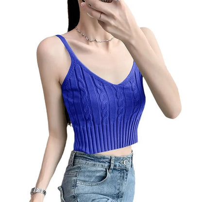 Cable Knit Ribbed Knitted Vest, Sexy Solid V Neck Backless Spaghetti Strap Sweater Vest for Spring & Summer, Women's Clothing