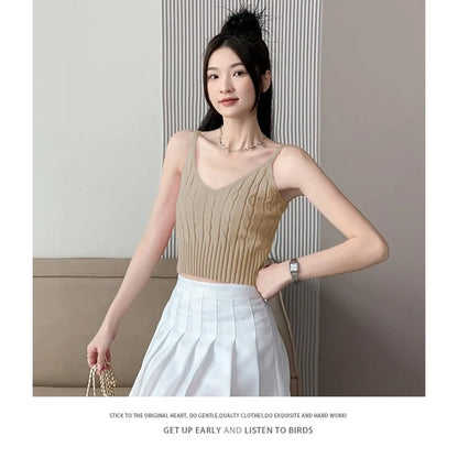 Cable Knit Ribbed Knitted Vest, Sexy Solid V Neck Backless Spaghetti Strap Sweater Vest for Spring & Summer, Women's Clothing