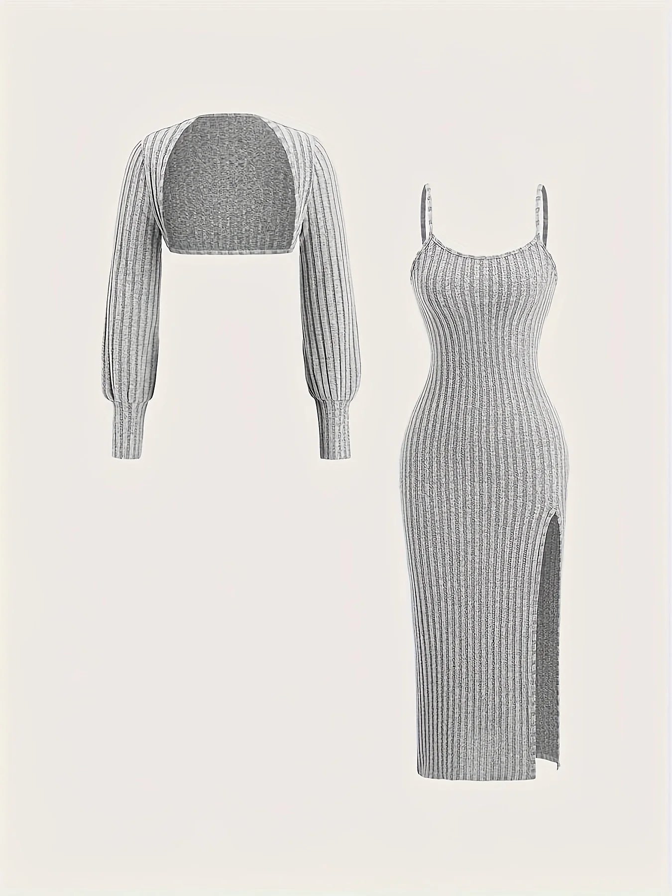 Women's Ribbed Knit Two Piece Set: Long Sleeve Crop Top + Spaghetti Strap Midi Dress with Side Slit (Gray)